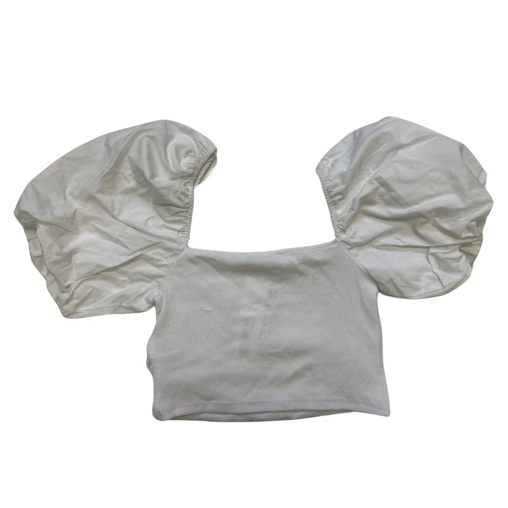 ZARA White Puff Sleeve‎ Top L | Ribbed Square Neck Blouse Romantic Cottagecore